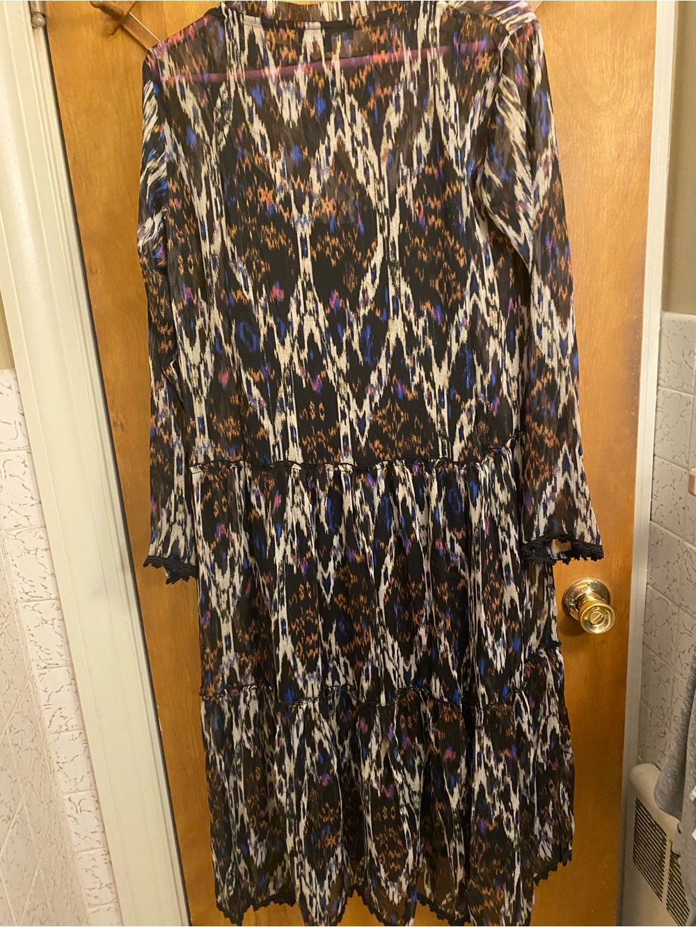 Olivaceous Long Sleeve Tiered Dress in Black, Blue and Cream
